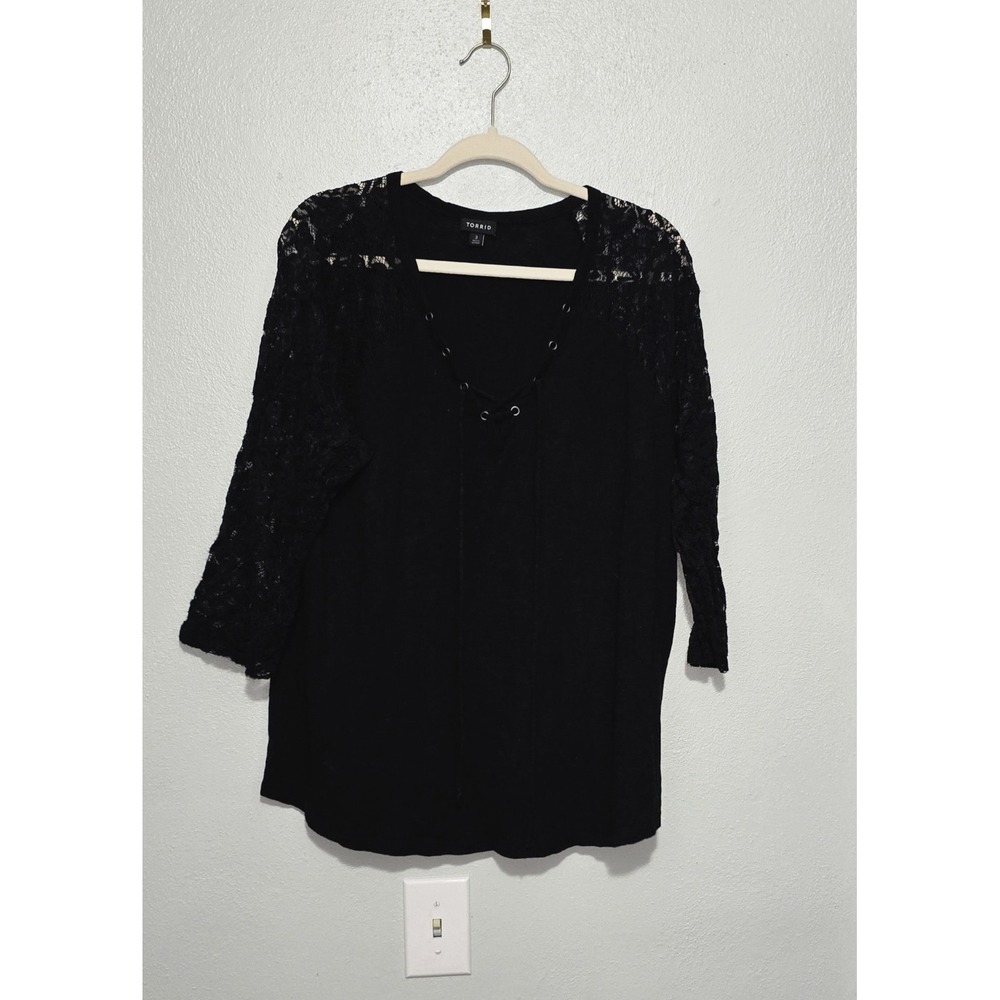 Torrid Top Size 3 Black Lace Sleeve Lace Up V-Neck Cotton Modal Plus Size 3X